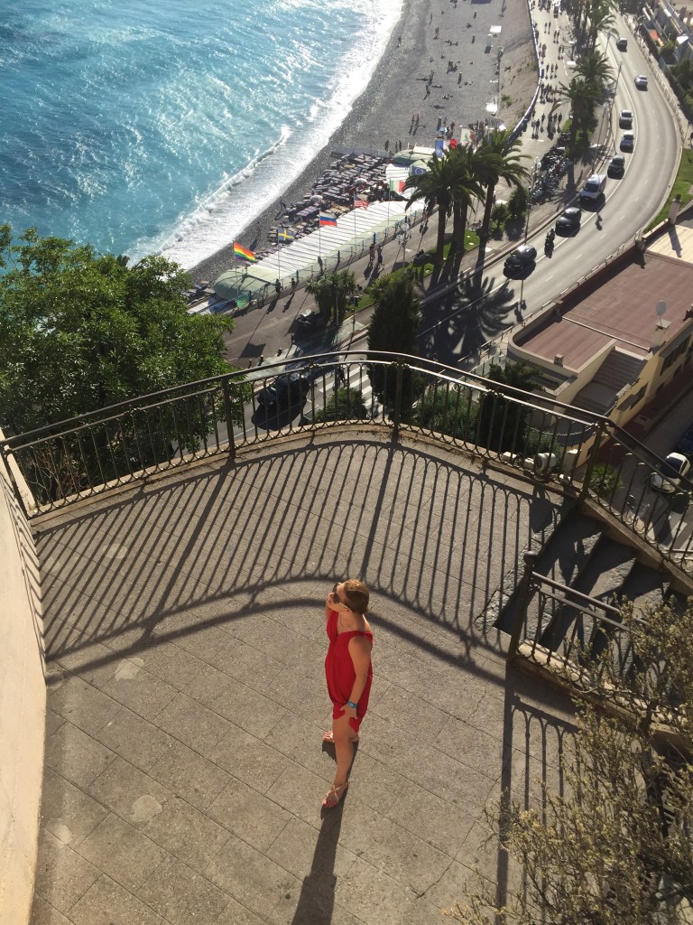View on the beach and promenade in Nice from a height at one end of the promenade