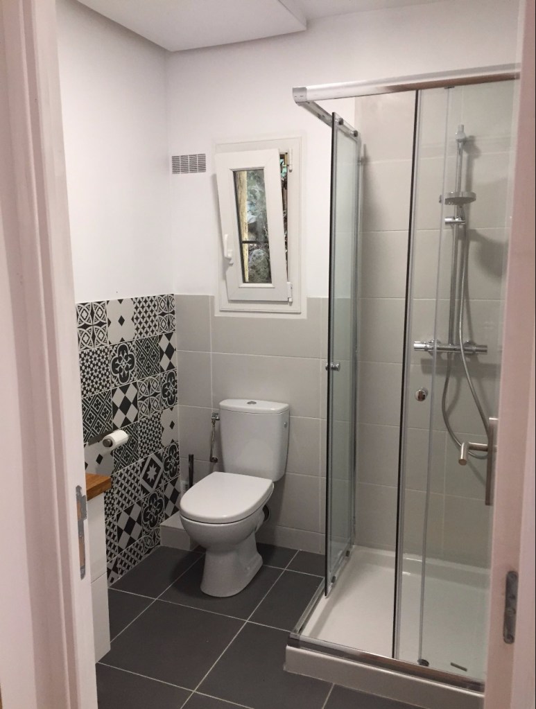 Shower, toilet, sink, window